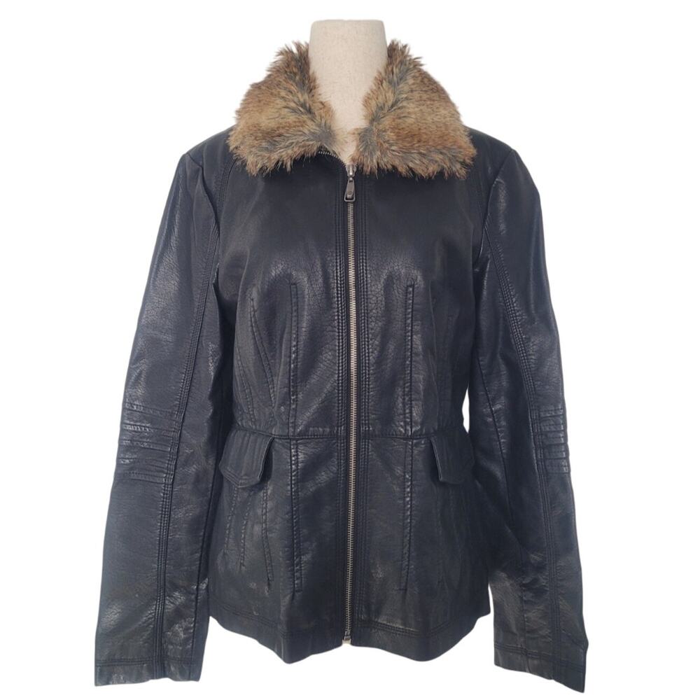 Y2k Jessica Simpson Faux Leather Fur Trim Jacket Sz L Indie Sleaze Biker Rocker
